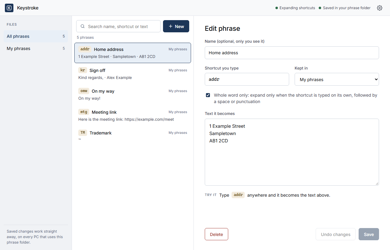 The Keystroke editor, listing phrases on the left and editing one on the right
